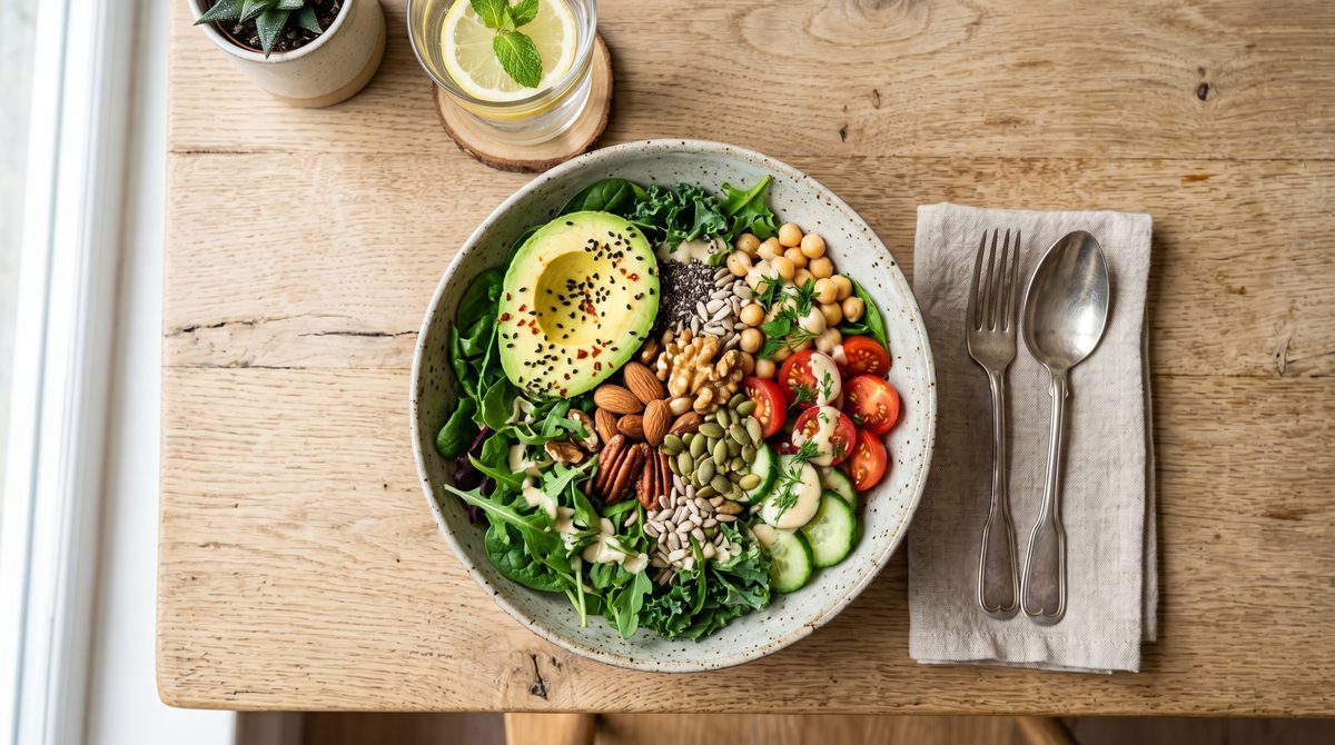 Bol de comida saludable con verduras, frutos secos y semillas para reducir el cortisol