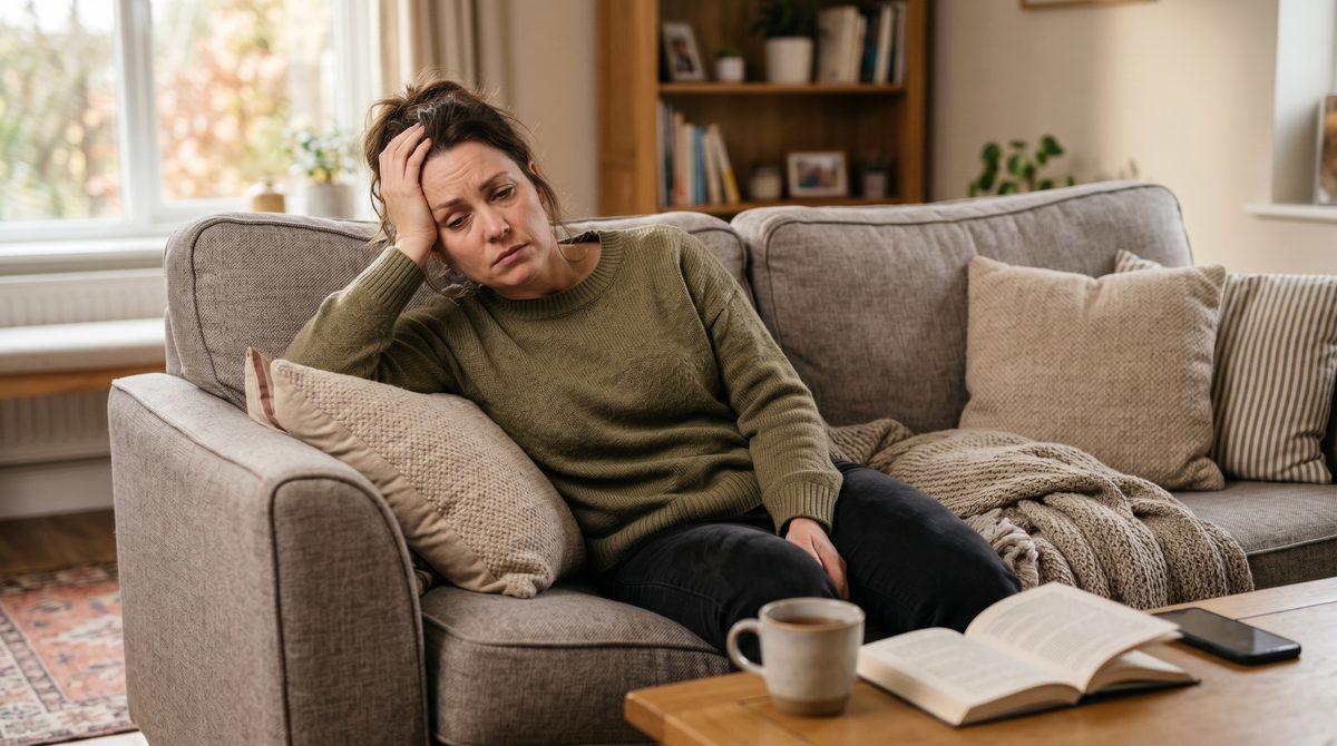 Mujer agotada en el sofá, un síntoma habitual del cortisol alto