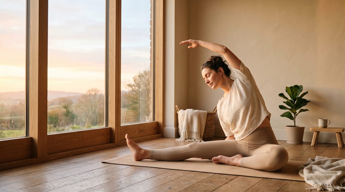 Mujer haciendo estiramientos de yoga al amanecer, parte de una rutina antiestrés matutina